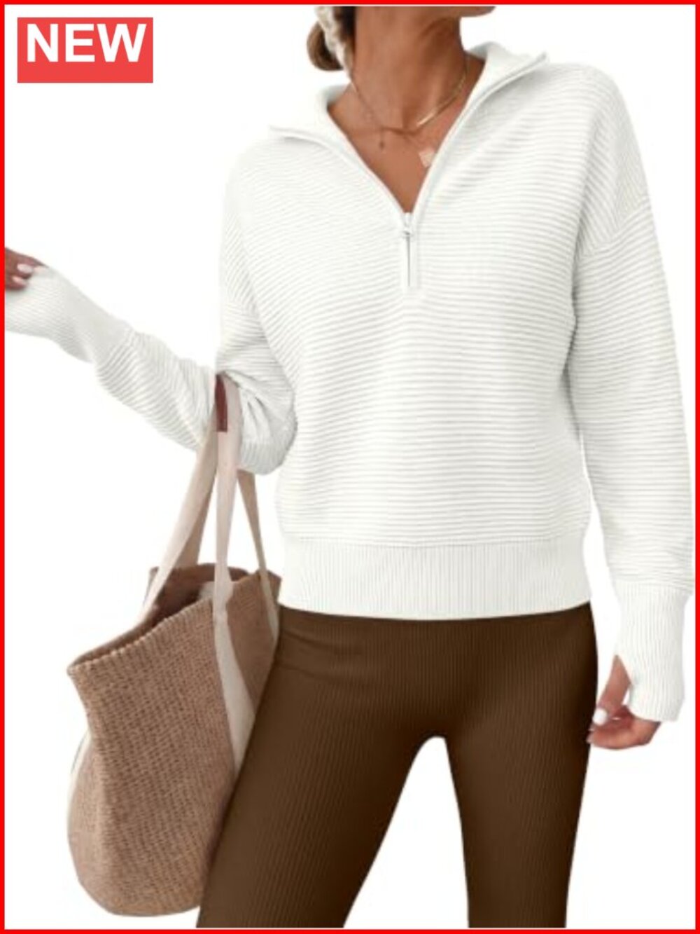 Quarter Zip Cropped Sweater Ribbed Knit Long Sleeve Thumb Hole V-Neck Pullover